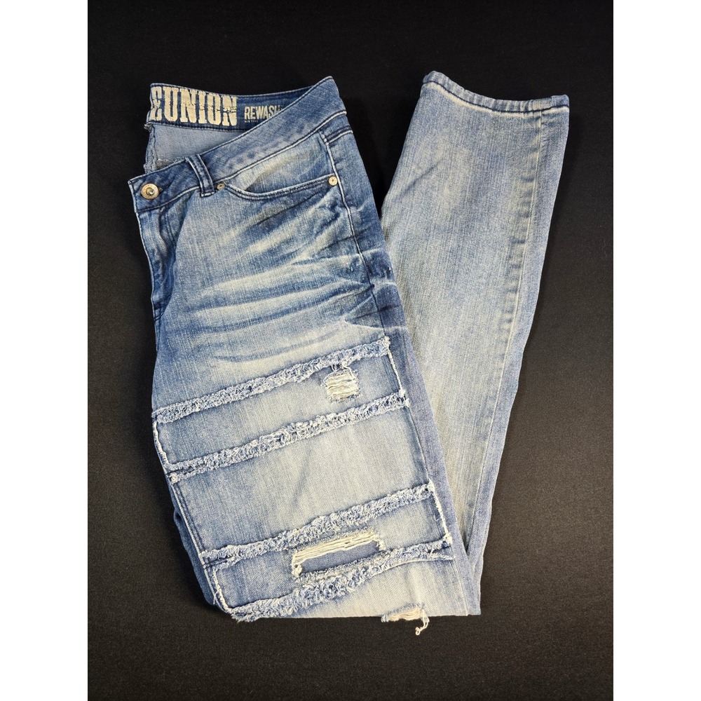 Rewash Vintage Reunion Distressed Skinny Jeans Light Wash Frayed Panels Mens 32